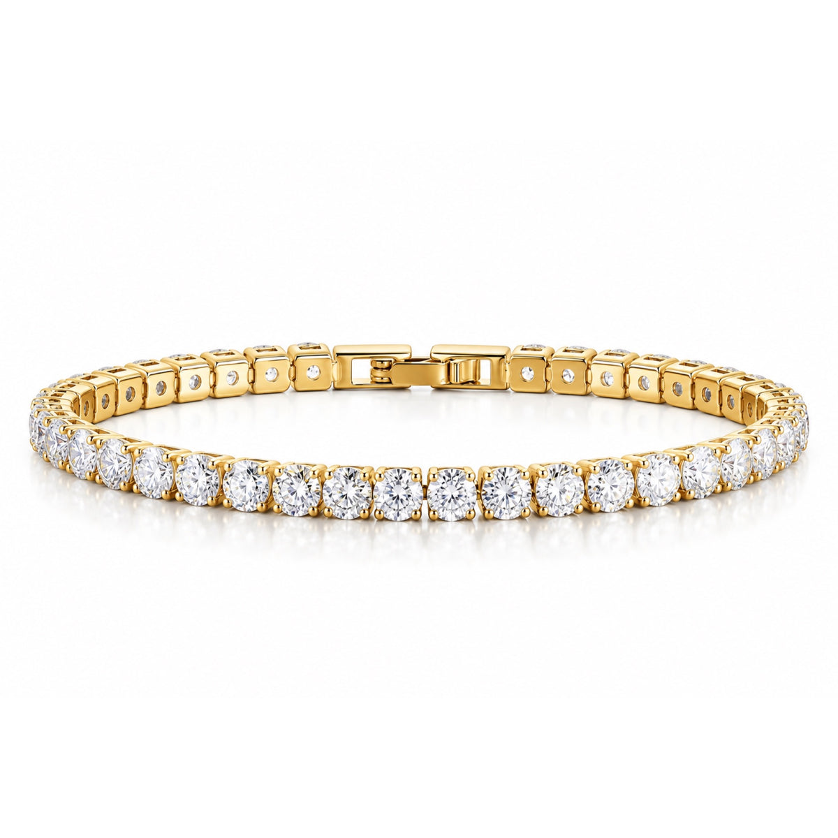 Pulsera tipo tennis en tono dorado con una fila de zirconias redondas transparentes, presentada en forma ovalada sobre fondo blanco.