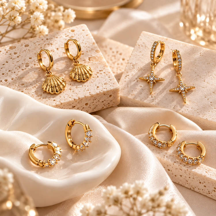 Aretes dorados con conchas, estrellas y zirconias de la colección por menos de ¢10.000 de Richesse Jewels.