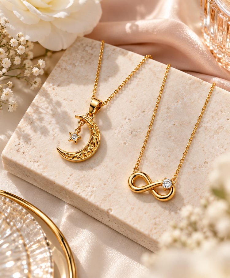 Collares dorados con luna e infinito sobre fondo beige, colección SELF LOVE de Richesse Jewels.