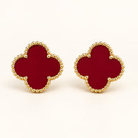 Aretes de Trébol de 4 Hojas en Rojo Vino y Dorado
